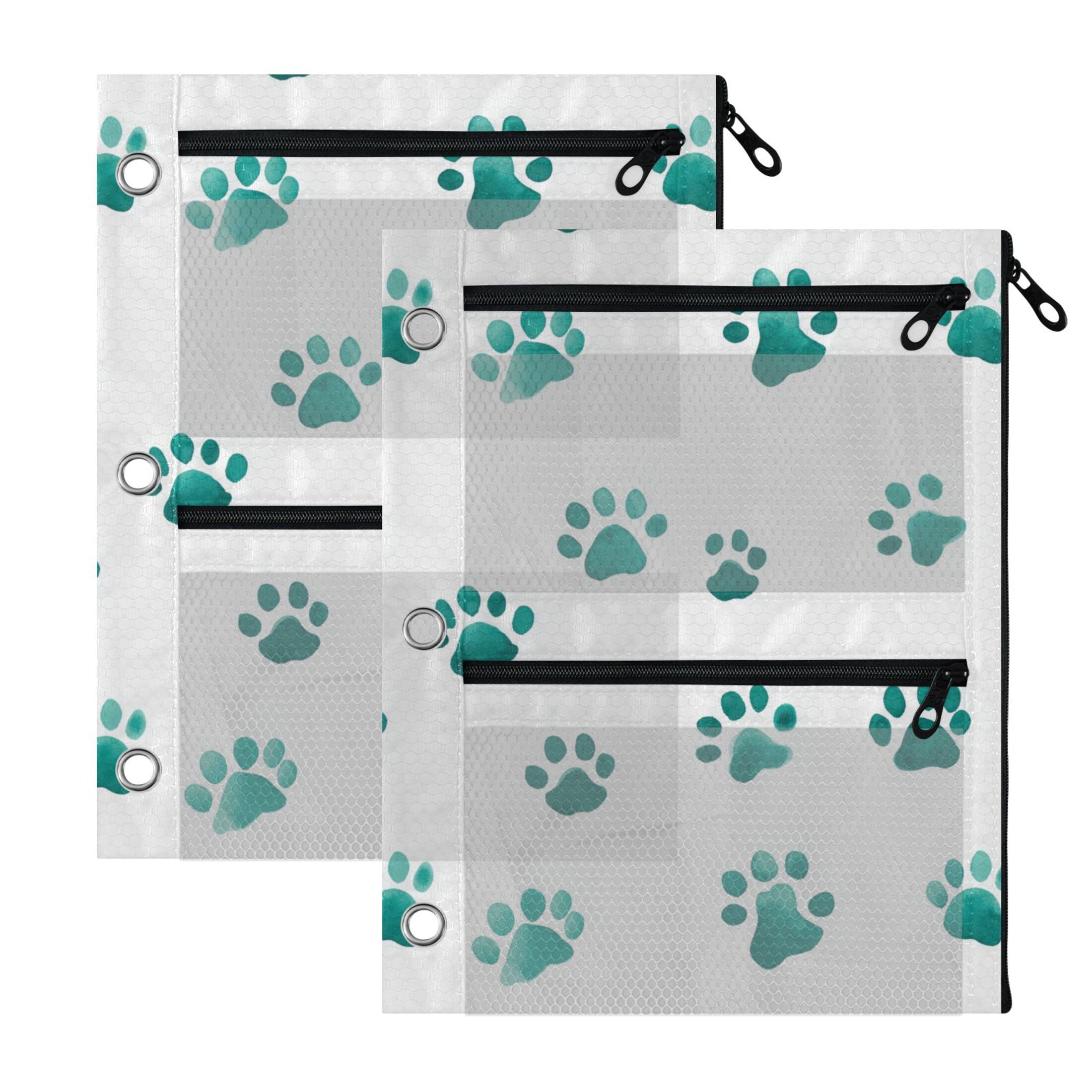3-Hole Pencil Pouch for 3 Ring Binder Clear Zippered Pen Case with Window Teal Dog Paw Prints