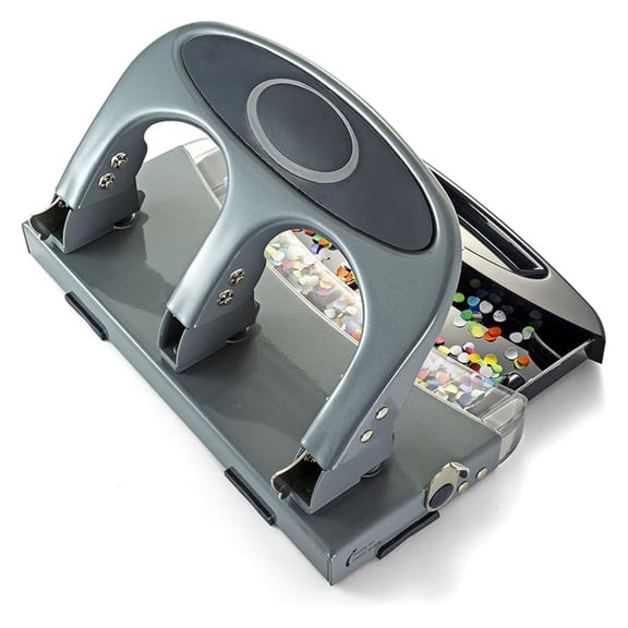 3-Hole Punch Heavy Duty - 45 Sheet Capacity, Silver/Navy - with Chip Drawer & Ergonomic Handle