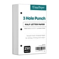 thumbnail image 1 of 3 Hole Punched Bright White Half Letter Size Regular Paper - For 3 Ring Binders and Clipboards | 8.5 x 5.5" | 24lb Bond, 60lb Text, 90 GSM | 250 Sheets per Pack, 1 of 6