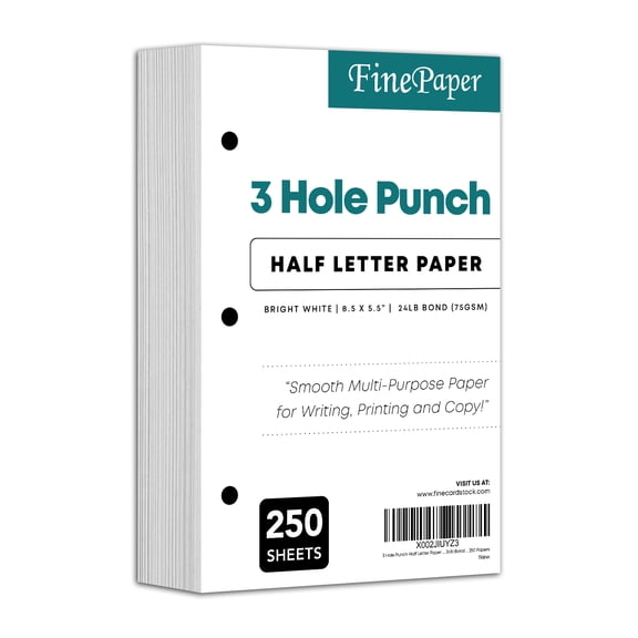 3 Hole Punched Bright White Half Letter Size Regular Paper - For 3 Ring Binders and Clipboards | 8.5 x 5.5" | 24lb Bond, 60lb Text, 90 GSM | 250 Sheets per Pack