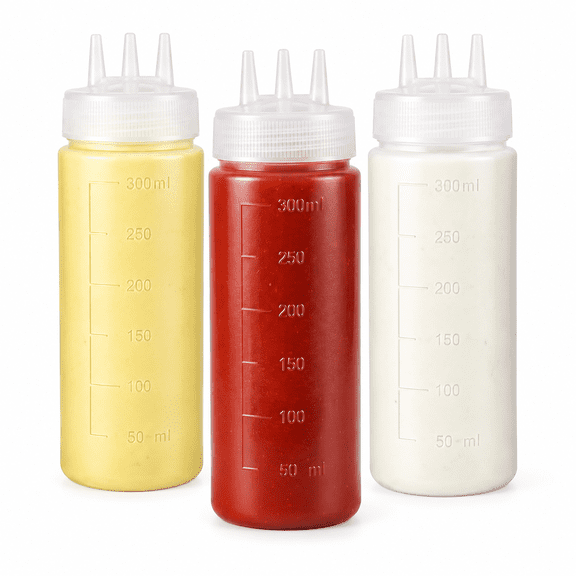 3 Hole Squeeze Bottle for Sauces, 12oz/300ml Drizzle Bottle with Scale