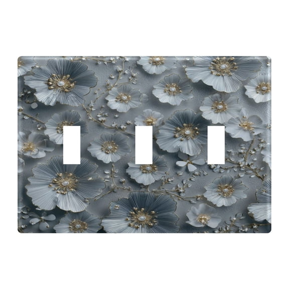 3-Hole Switch Plate Cover Faceplates Covers Smooth Rounded Corners Silver Flowers Pattern