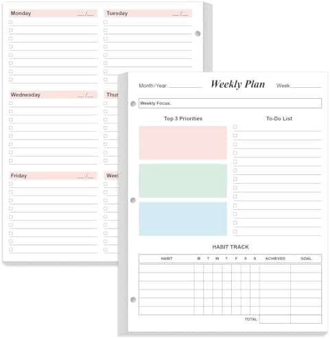 3-Hole Weekly Planner Refills - 53 Sheets/106 Pages Colorful Weekly Planner for 3 Ring Binders, 100 gsm White Paper, Lasts 1 Year, Undated, 8.5'' x 11''
