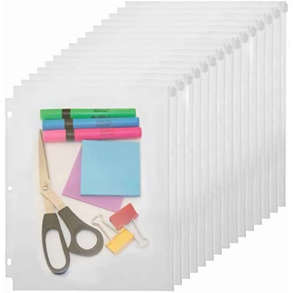 3 Holes Clear PVC Zipper Binder Pocket Insert Pages Letter Size, 8 1/2" x 11 Loose Leaf Filing Storage Bags 15 Per Pack