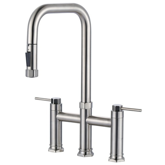 3 Holes Double Handle Bridge Kitchen Faucet with Pull Down Sprayer and Supply Lines