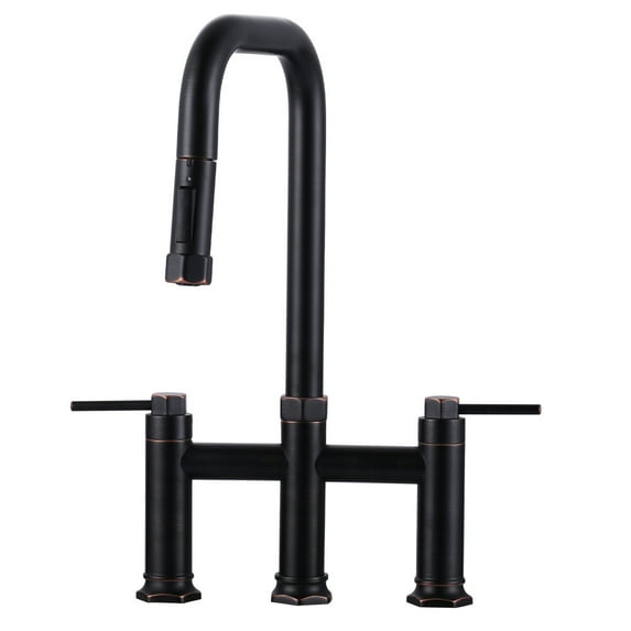3 Holes Double Handle Bridge Kitchen Faucet with Pull Down Sprayer and Supply Lines