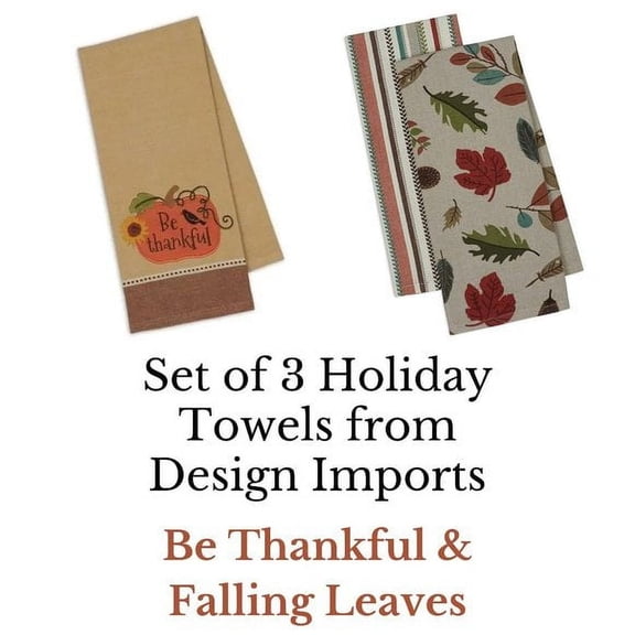 3 Holiday Kitchen Towels Linens Embroidered Cotton Design Imports Thankful Winter Leaves Set of Three Oversized Large