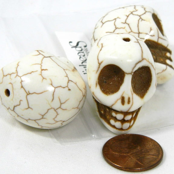3 Huge 1 1/8 inch Beige Stone Natural Tan Big Skull Bone Bead with Cracks & Hole