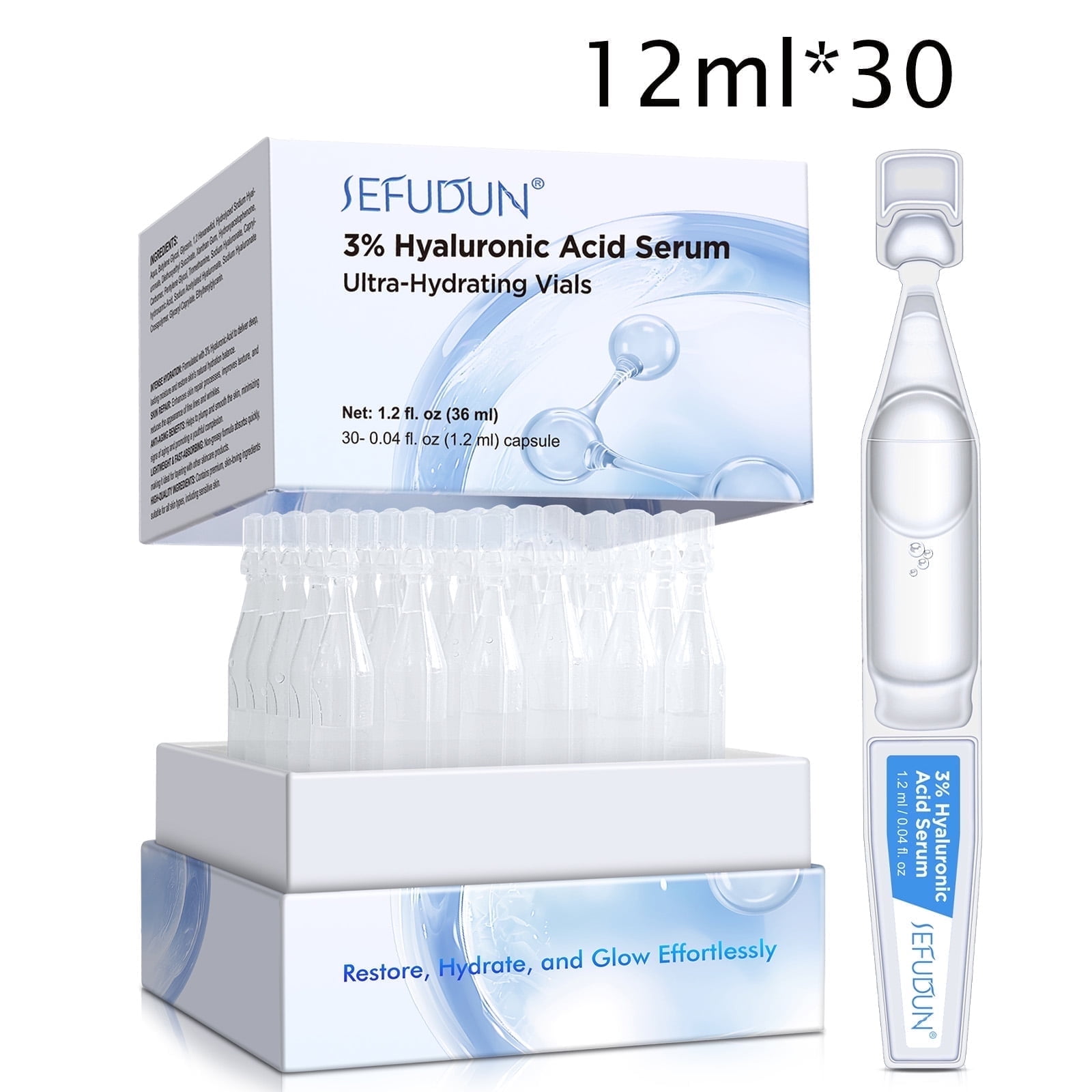 3% Hyaluronic Acid Serum Ultra-Hydrating Vials,Facial Anti-Aging Serum to Reduce Fine Lines and Wrinkles Single-Use Vials 30pcs