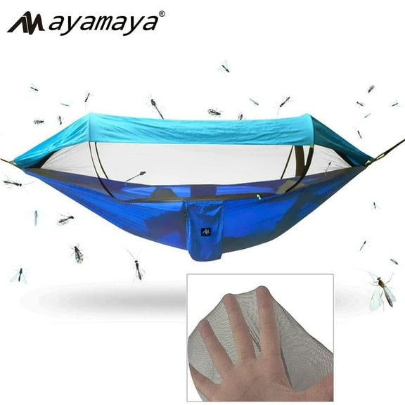 [3 IN 1] AYAMAYA Camping Hammock with Mosquito Net & Sun Shade Cloth for 2/Double Person, Portable Lightweight Nylon Swing Hammock with Tree Straps (Blue)