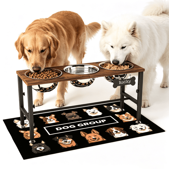 3 IN 1 Adjustable Height Elevated Dog Bowl Stand, Wooden Raised Dog Bowls with Three 58oz Stainless Steel Bowls & Mat for Small to Large Dog Breeds