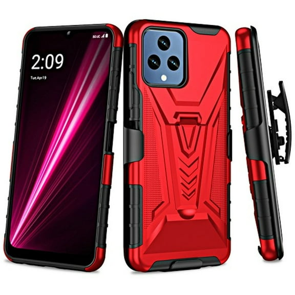 3-IN-1 Advanced Armor Hybrid Case with Belt Clip Holster for T-Mobile REVVL 6 5G - Red