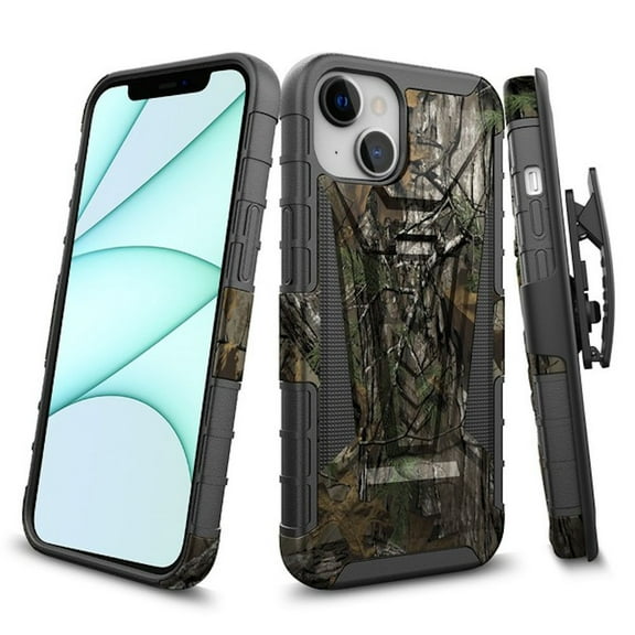 3-IN-1 Advanced Armor Hybrid Case with Belt Clip Holster for iPhone 14 Plus - Camouflage Tree