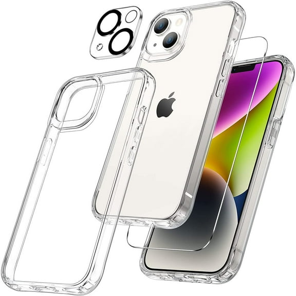 3-IN-1 Bundle Tough Shield Transparent Case + Tempered Glass Screen and Camera Lens Protector for iPhone 14 Plus