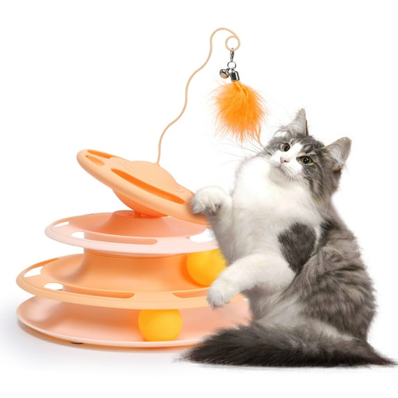 3 IN 1 Cat Toy 3 Tier Tower Interactive Ball Toy With 2 Moving Balls And Leaky Food Fun For Cats and Kittens Orange