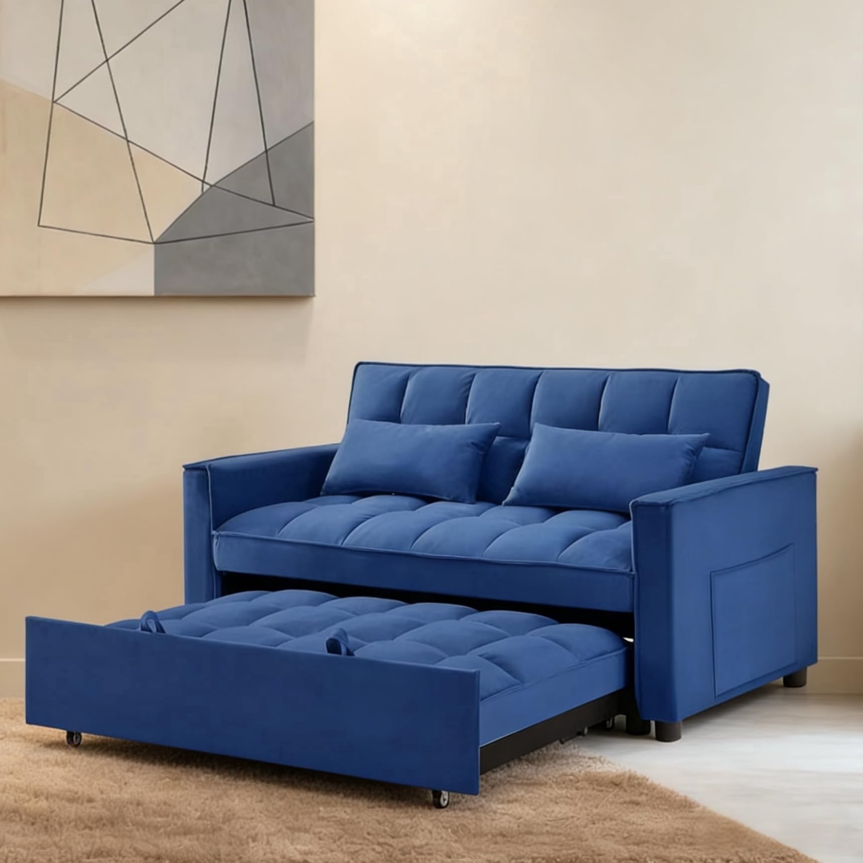 3-IN-1 Convertible Sofa Bed | Compact 2-seater sofa bed | 53.5-inch Velvet Fabric Sofa | Suitable for apartments, small flats, motorhomes, children's rooms, client reception areas, office rest areas,