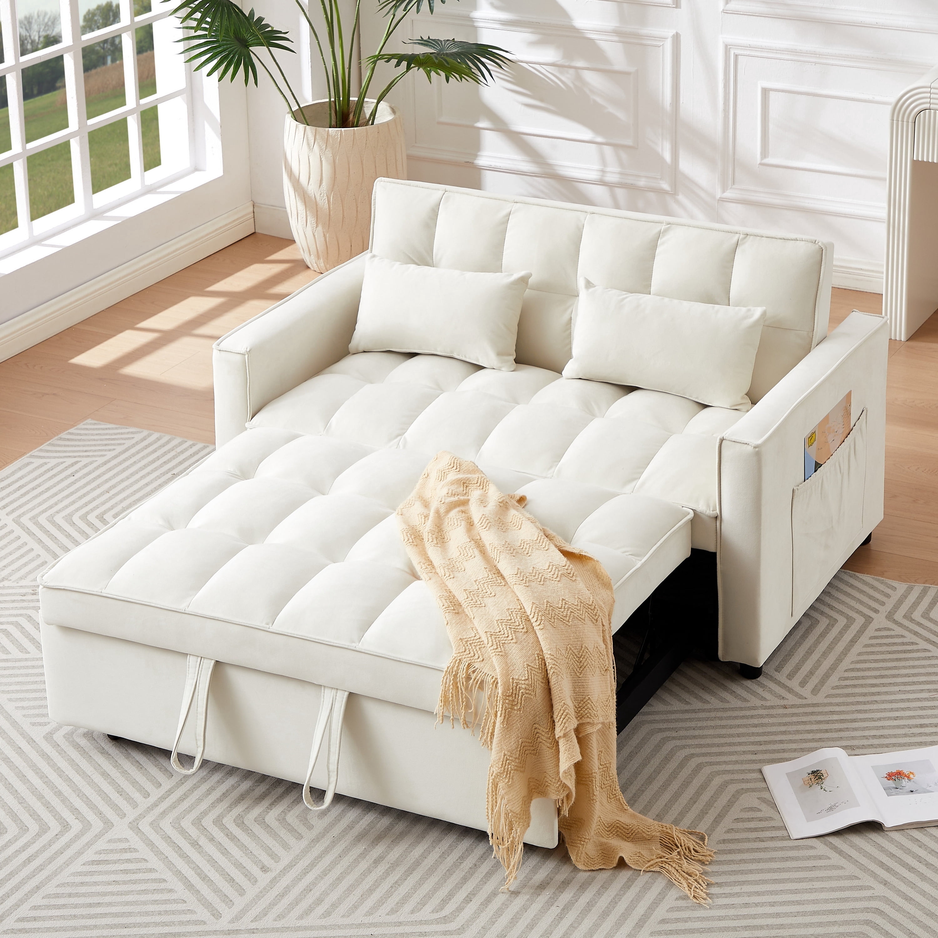 3-IN-1 Convertible Sofa Bed | Compact 2-seater sofa bed | 53.5-inch Velvet Fabric Sofa | Suitable for apartments, small flats, motorhomes, children's rooms, client reception areas, office rest areas,