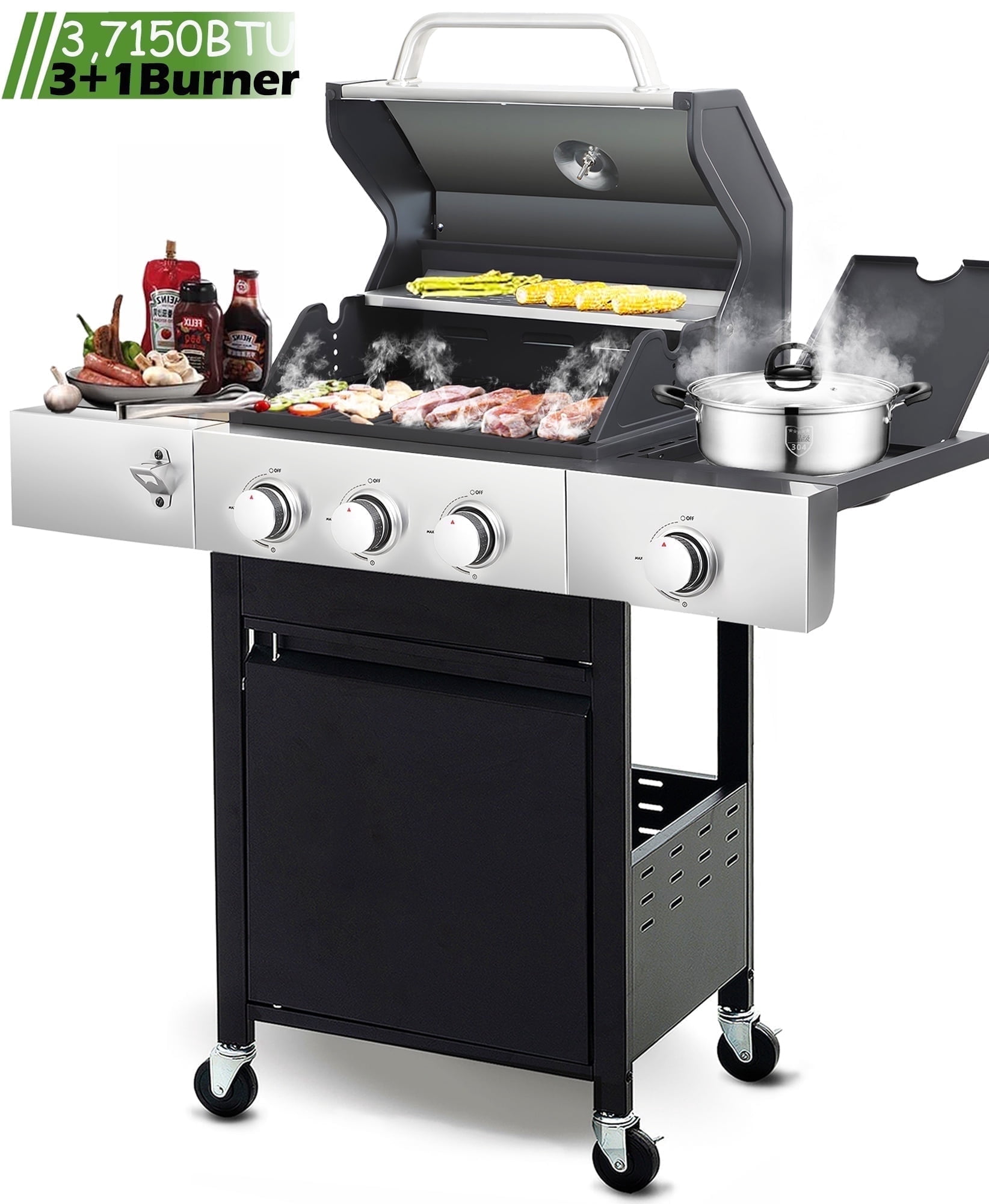 Seizeen Propane Gas Grill, 3 Burners BBQ Grill with Side Burner, Outdoor Camping Grill 430 Stainless Steel, 37150BTU, One-button Ignition System, Thermometer, 4 Wheels