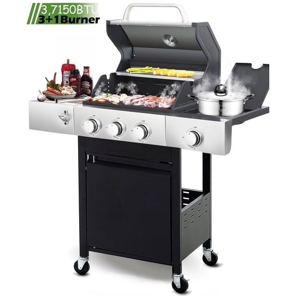 Seizeen Propane Gas Grill, 3 Burners BBQ Grill with Side Burner, Outdoor Camping Grill 430 Stainless Steel, 37150BTU, One-button Ignition System, Thermometer, 4 Wheels