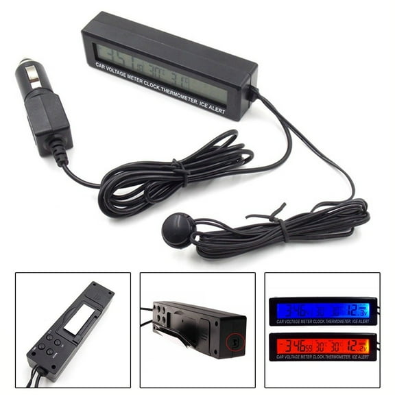 3 IN 1 Mini Electronic Car Clock Car Inside Outside Temperature Thermometer Battery Voltage Monitor Meter With Cigarette Socket