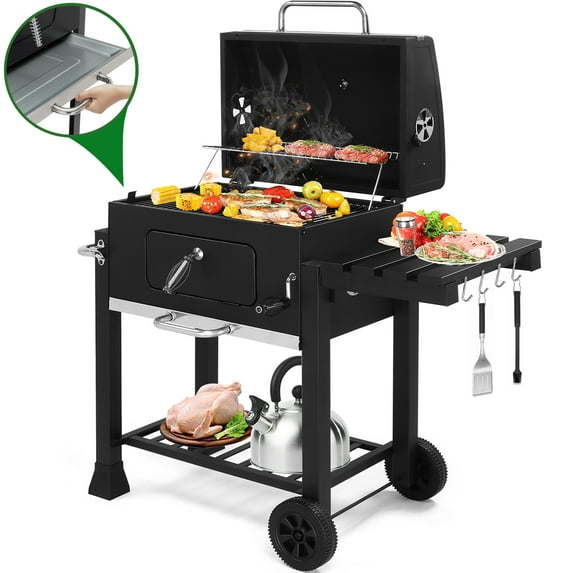 22'' Charcoal Grill, Portable Outdoor Grill with Storage, Heavy-duty BBQ Grill Cart on Wheels w/ Foldable Side Table, Adjustable Charcoal Pan, Daul Cooking Zone