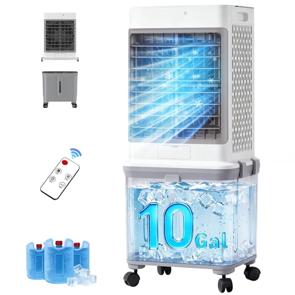 TAZTIR 3-IN-1 Portabl Evaporative Air Cooler Standing Fans with Remote, 3 Modes 3 Speeds &12H Timer, 9.25Gal Portable AC, 4 Ice Packs & 4 Wheels, 45 Oscillation
