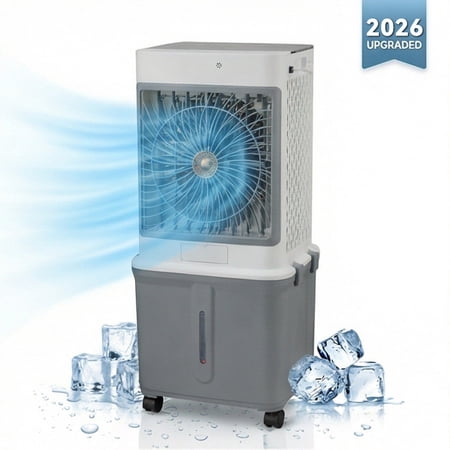 3-IN-1 Portabl Evaporative Air Cooler Standing Fans with Remote, 3 Modes 3 Speeds &12H Timer, 9.25Gal Portable AC, 4 Ice Packs & 4 Wheels, 45° Oscillation