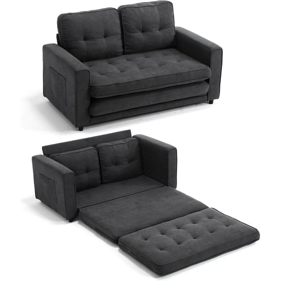 3-IN-1 Pull Out Futon Sofa Bed, Velvet Love Seat Folding Sleeper Sofa Bed with Storage Pocket & Soft Back Support, Floor Couch Gaming Bed Small Couches for Small Spaces - Dark Gray Sofá