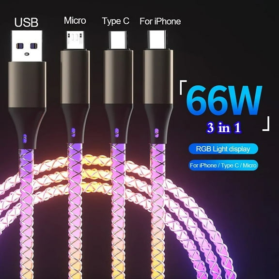 3 In 1 66W RGB Light UP Gradual Multi Charger Cable 6A Led Fast Charging Phone Cord For Iphone Xiaomi Samsung