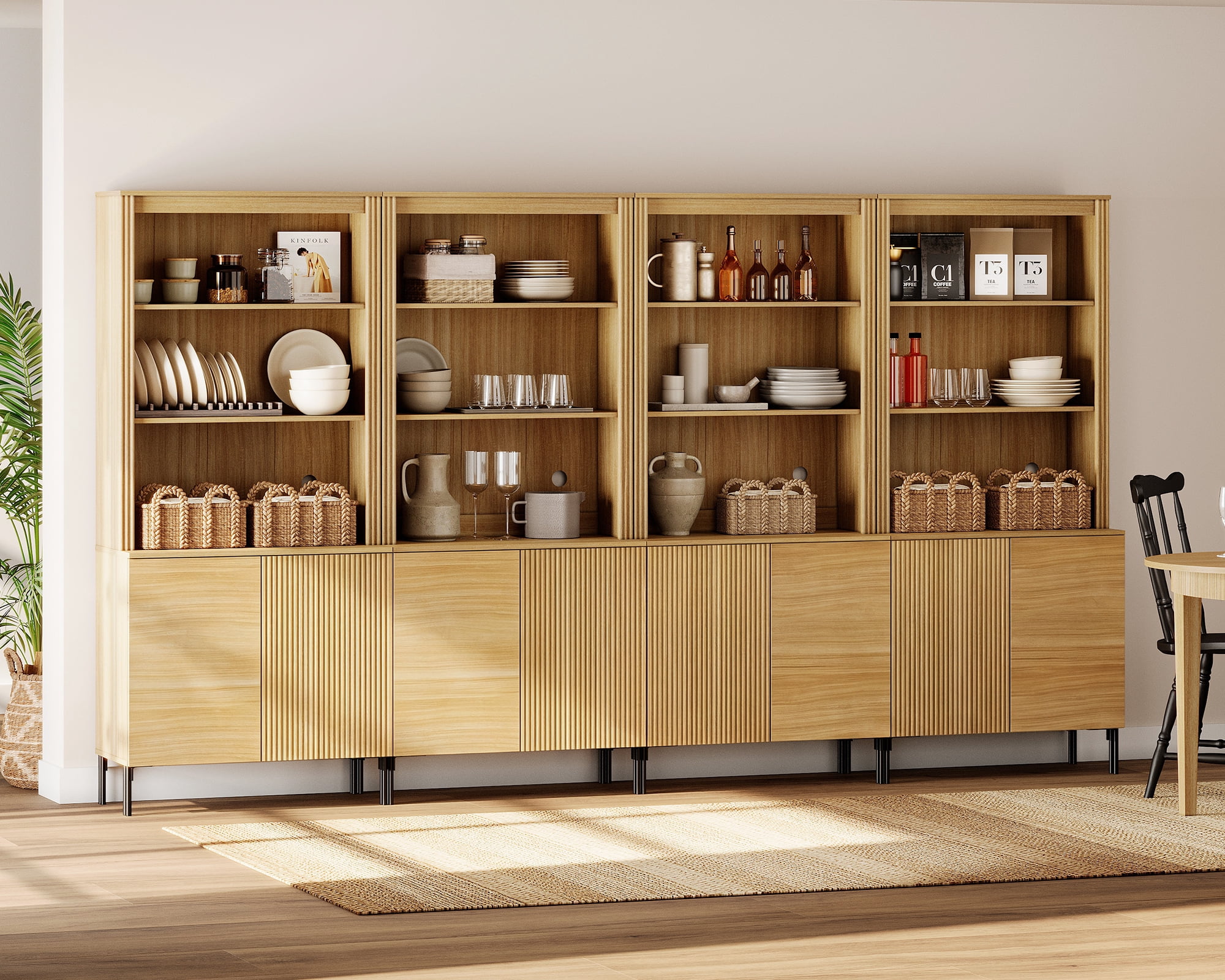 3-In-1 71" Tall Arched Kitchen Pantry Cabinet, Wood Bookcase Display Cabinet With Doors And Adjustable Shelves, Mid-Century Modern Versatile Cupboard For Dining Room, Bedroom