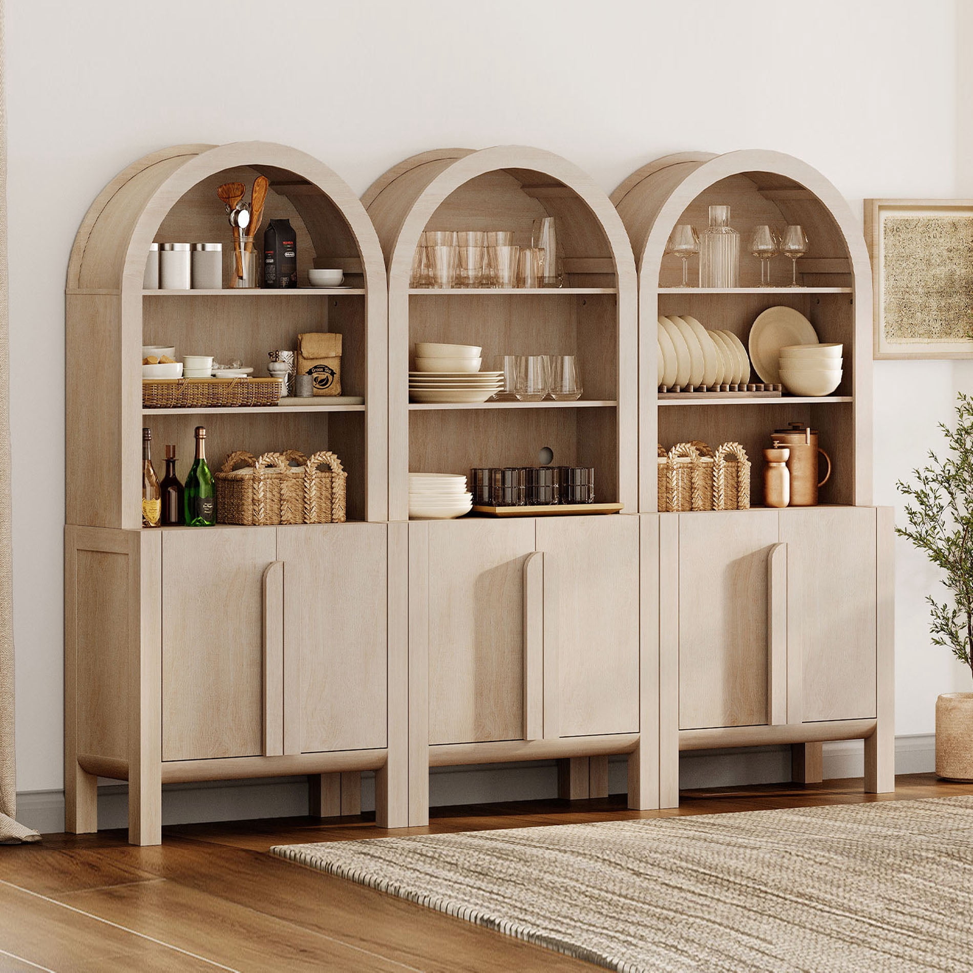 3-In-1 71" Tall Arched Kitchen Pantry Cabinet, Wood Bookcase Display Cabinet With Doors And Adjustable Shelves, Mid-Century Modern Versatile Cupboard For Dining Room, Bedroom