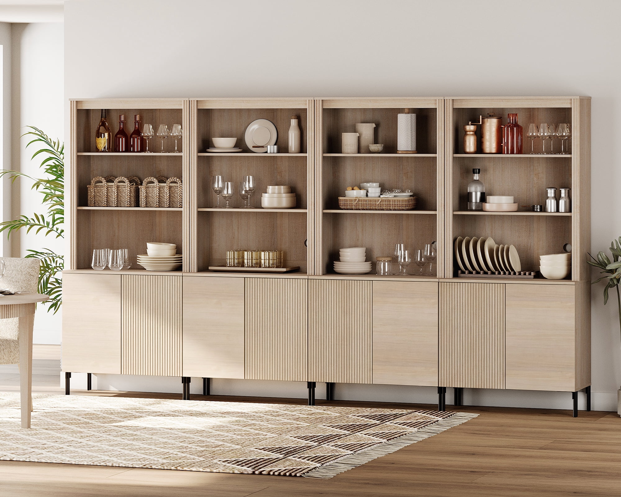 3-In-1 71" Tall Arched Kitchen Pantry Cabinet, Wood Bookcase Display Cabinet With Doors And Adjustable Shelves, Mid-Century Modern Versatile Cupboard For Dining Room, Bedroom