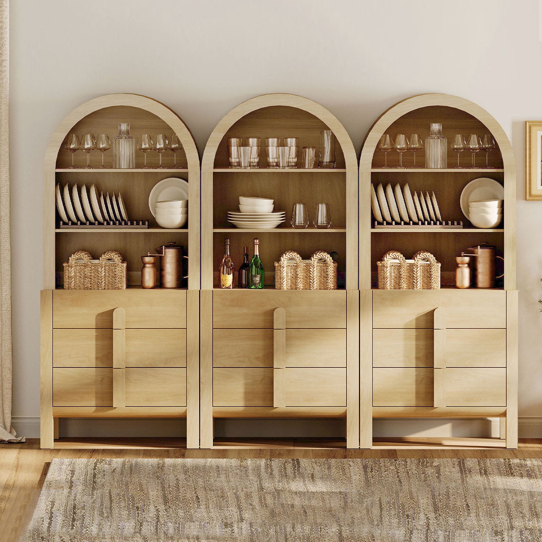 3-In-1 71" Tall Arched Kitchen Pantry Cabinet, Wood Bookcase Display Cabinet With Drawers And Open Arched Shelves, Mid-Century Modern Versatile Cupboard For Dining Room, Bedroom
