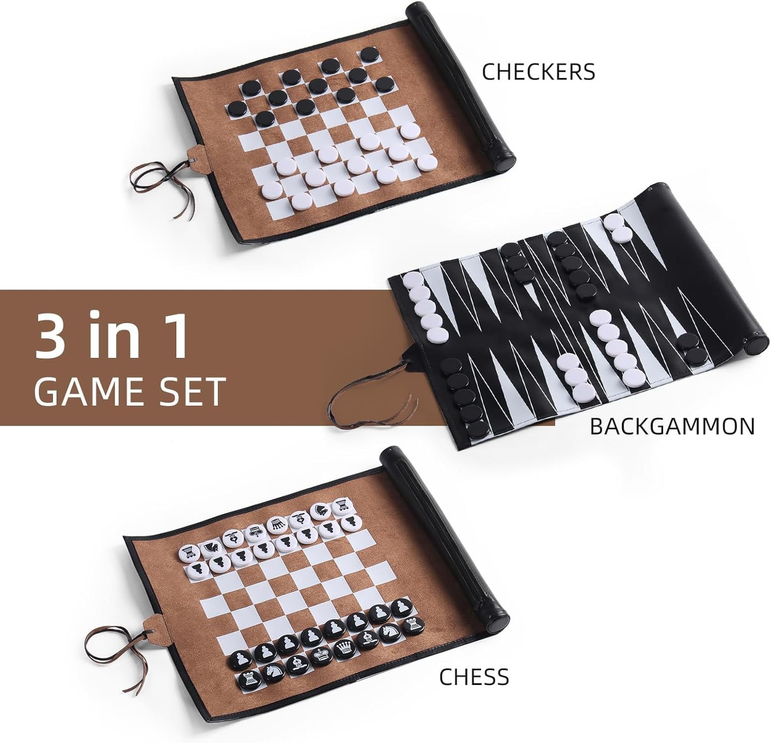 3 In 1 Backgammon Chess Checkers Set, Roll Up Travel Game Set For ...