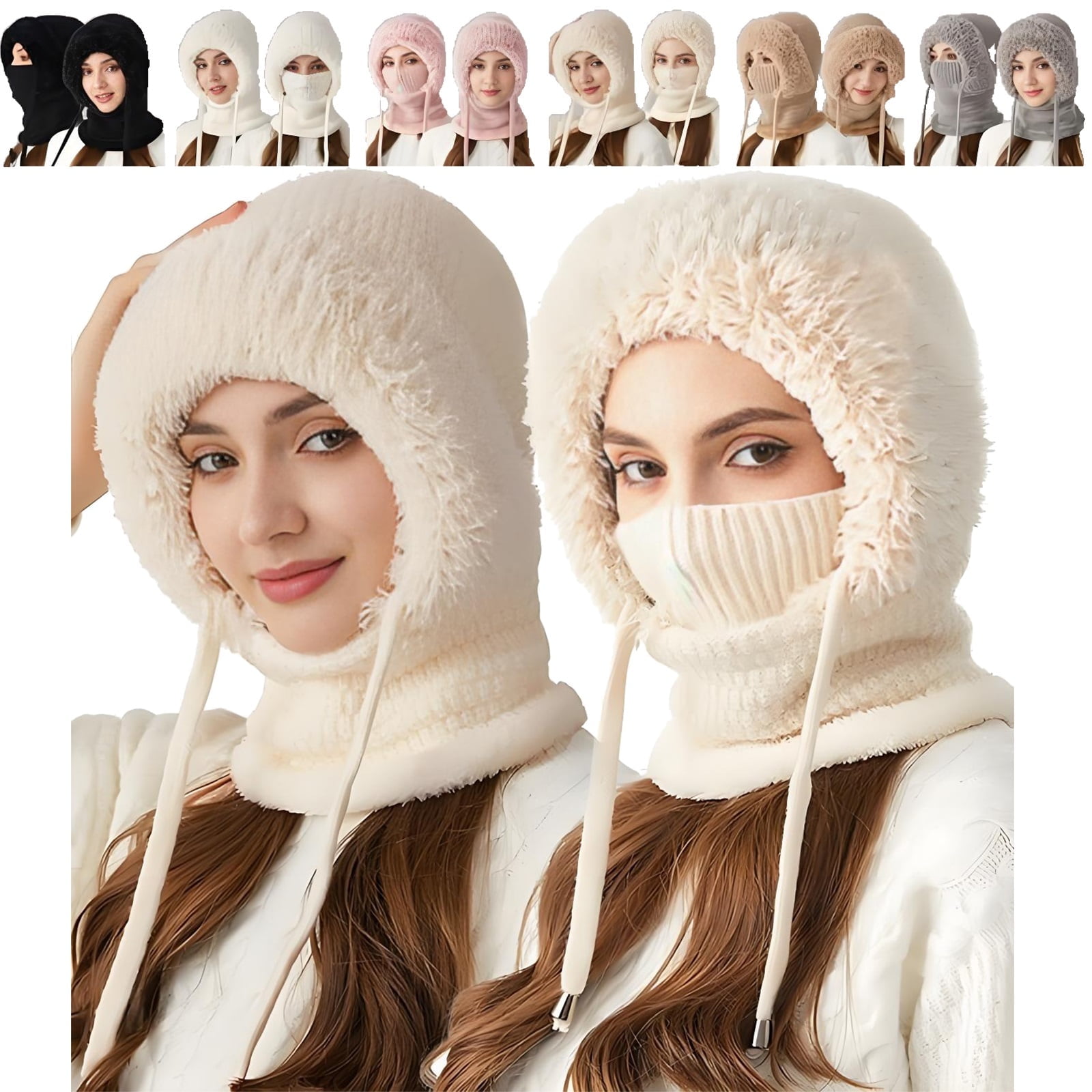 3 In 1 Beanie Hat for Women, Windproof Cold-Proof Balaclava Hat with Scarf and Mask for Snow Caps Ski