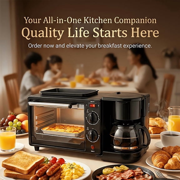 3-In-1 Breakfast Station with Coffee Maker & Toaster Oven, Automatic Timer Multifunctional Griddle Breakfast Machine for Eggs, Sausages, Sandwiches and Desserts