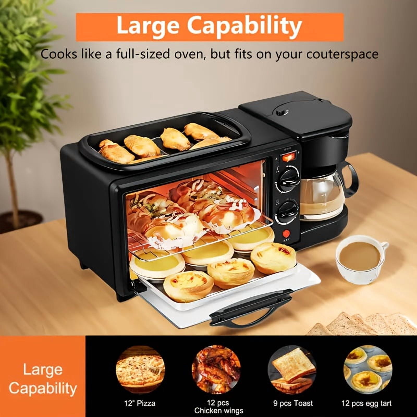 3 In 1 Breakfast Station Multifunctional Coffee Maker Oven Toaster With Frying Pan Digital Panel One Touch Operation For Egg Bacon Sandwich