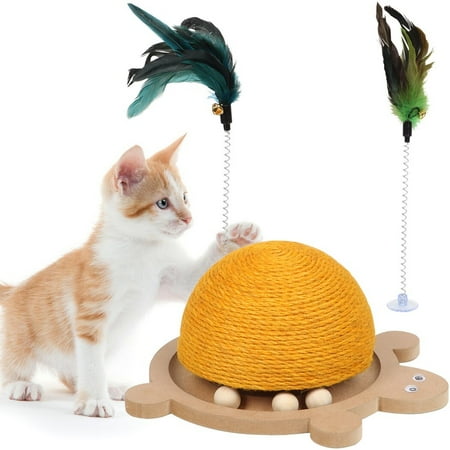 3-In-1 Cat Scratching Toy, Interactive Cat Scratcher Ball with Feather Toy & Wooden Track Balls, Cute Turtle Shape Cat Scratch Board to Relieve Itchy Paws, Promote Training Exercise