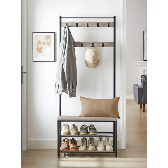 3-In-1 Coat Rack Hall Tree with Shoe Storage Bench - Steel Frame Entryway Bench with Storage, Functional for Coats, Hats, Bags & Shoes