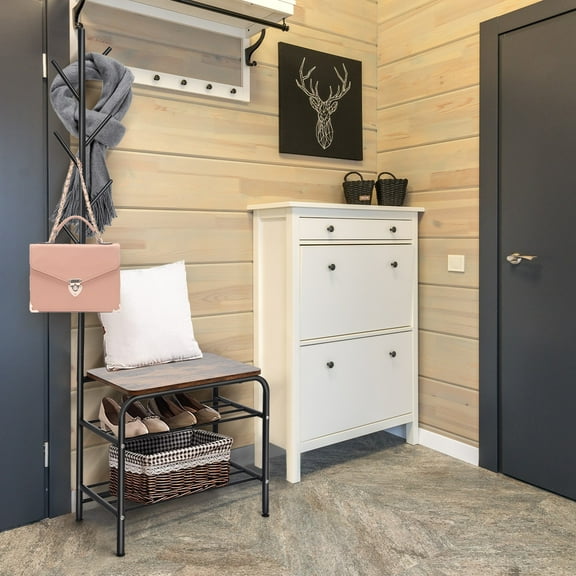 3-In-1 Coat Rack With Shoe Bench Storage Shelf, Multifunctional Entryway Hall Tree With 6 Hooks/ Multifunctional Coat Rack Floor-Standing Clothes Storage Rack Clothes Hanging Shoe Bench Integrated