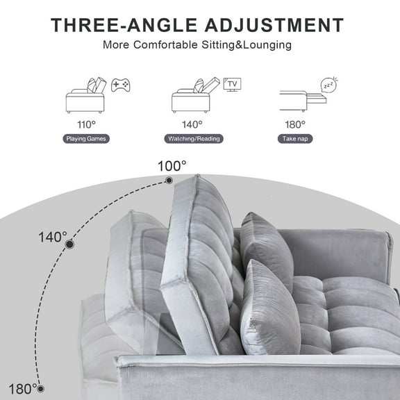 3-In-1 Convertible Sleeper Sofa Bed - Grey Velvet Loveseat with Adjustable Backrest, Pull-Out Bed & Storage Pockets for Small Spaces