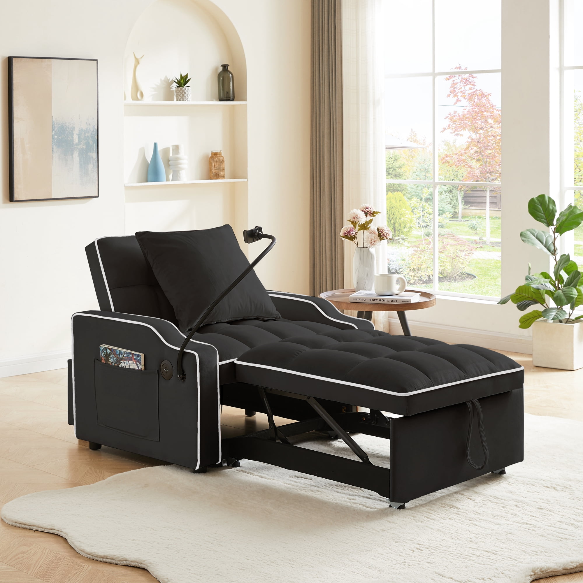 3 In 1 Convertible Sofa Bed Adjustable Recliner Sofa Chair With Adjustable Backrest, Phone Holder and Charging Port