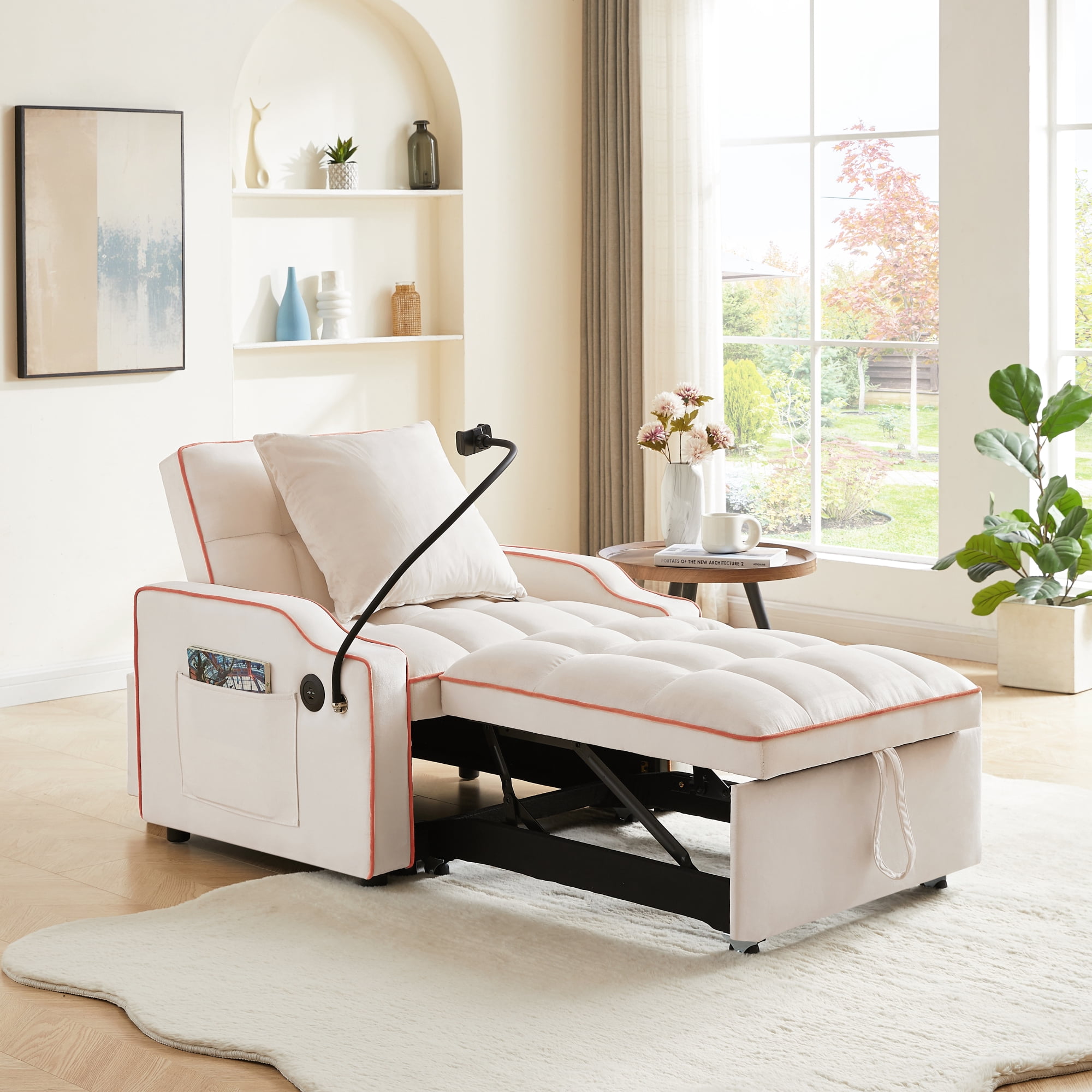 3 In 1 Convertible Sofa Bed Adjustable Recliner Sofa Chair With Adjustable Backrest, Phone Holder and Charging Port