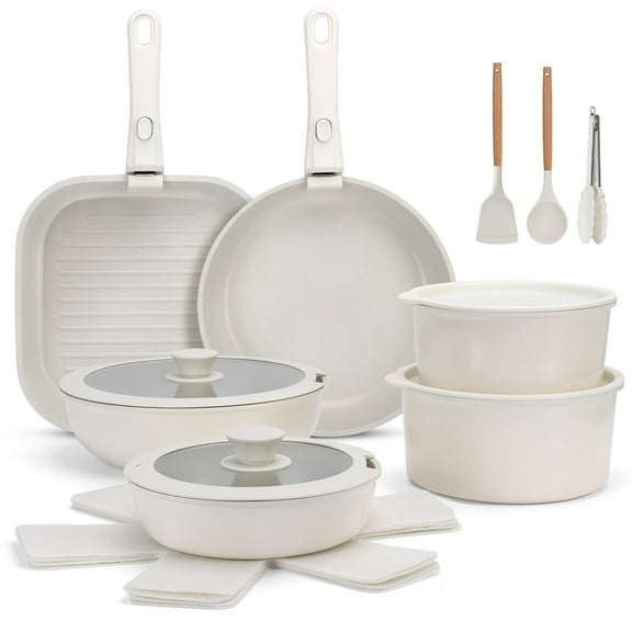 20 Piece Ceramic Pots and Pans Set Non Stick, Cookware Set with Detachable Handles, Oven Safe, Induction Ready, Stackable RV Kitchen Cooking Set, Cream White