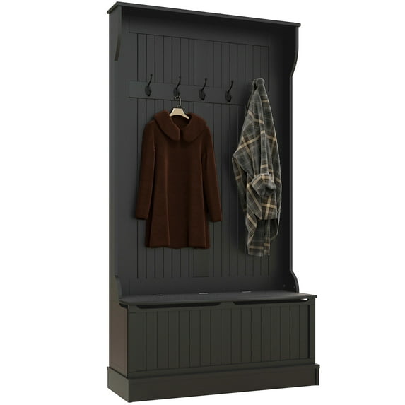 3-In-1 Entryway Hall Tree with Storage Bench, Coat Rack with Four Hooks and Shoe Storage, Black