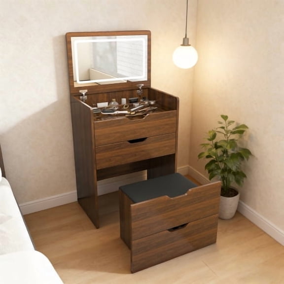 3-In-1 Flip Top Vanity Desk, Walnut Makeup Dressing Table with Lighted Mirror and Stool, Compact Storage for Bedroom Bathroom