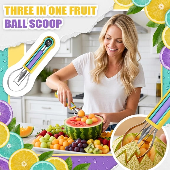 3-In-1 Fruit Scoop, Dual-Headed Melon Baller, Watermelon Carving Spoon, Multi-Functional Fruit Carving Tool - Dual-Headed Multi-Task Design, Carve & Scoop Fruits, Easy To Use &