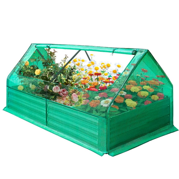 3-In-1 Galvanized Raised Garden Bed With Cover Metal Planter Box Kit, 6x3x1 FT, 2 Zippers Windows, Double-Sided Galvanized Metal, Protecting Plant Growth, Open-Ended Base, Greenhouse for Kale