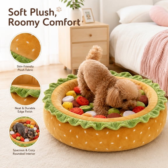 3-In-1 Hamburger Dog Bed Snuffle Mat And Interactive Toy For Small Medium Dogs Stress Relief Enrichment Pet Bed
