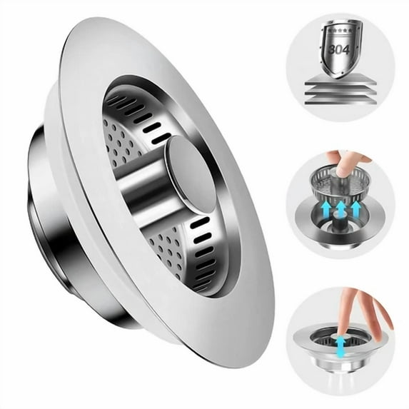 3 In 1 Kitchen Sink Drain Strainer Stopper Combo Pop Up Basket Stainless Steel